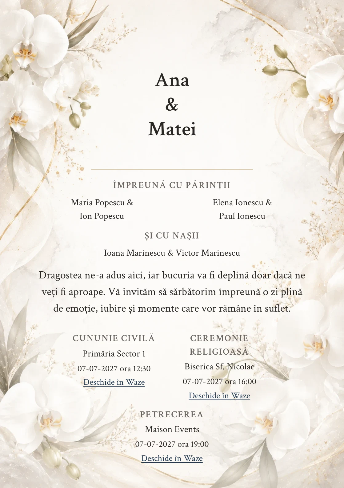 Invitație digitală de nuntă White Orchid, fundal cu orhidee albe, potrivit pentru pachetele Basic și Premium