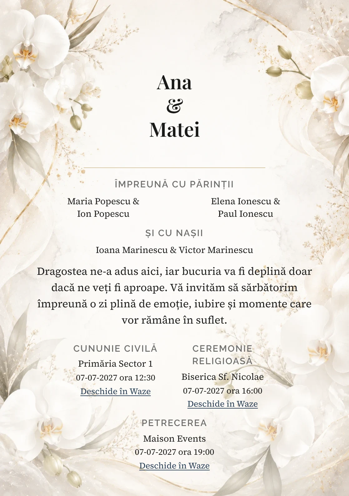 Invitație digitală de nuntă White Orchid, fundal cu orhidee albe, potrivit pentru pachetele Basic și Premium