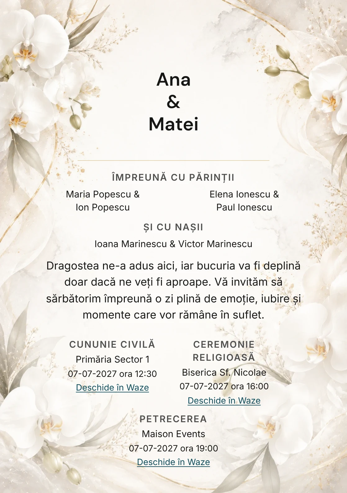 Invitație digitală de nuntă White Orchid, fundal cu orhidee albe, potrivit pentru pachetele Basic și Premium