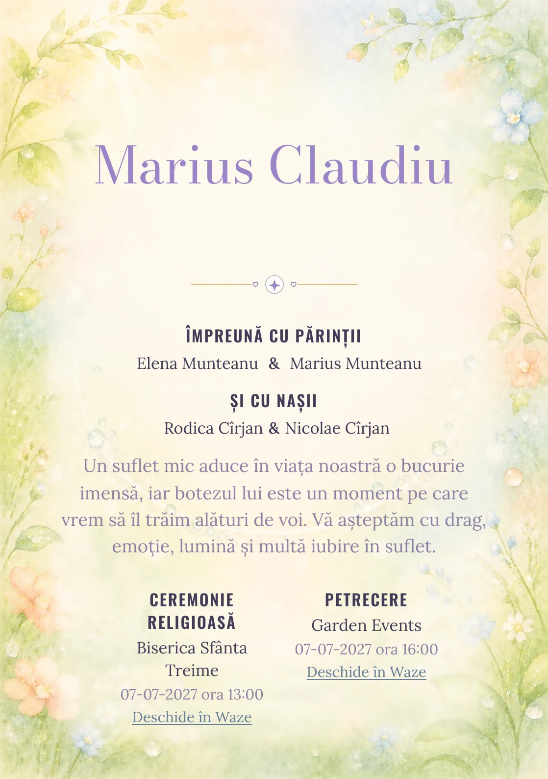 Invitație digitală de botez Zâmbet de Rouă, fundal cu arc luminos de rouă, verde lime pal, crem, piersică, bleu deschis și flori mici și centru luminos pentru text