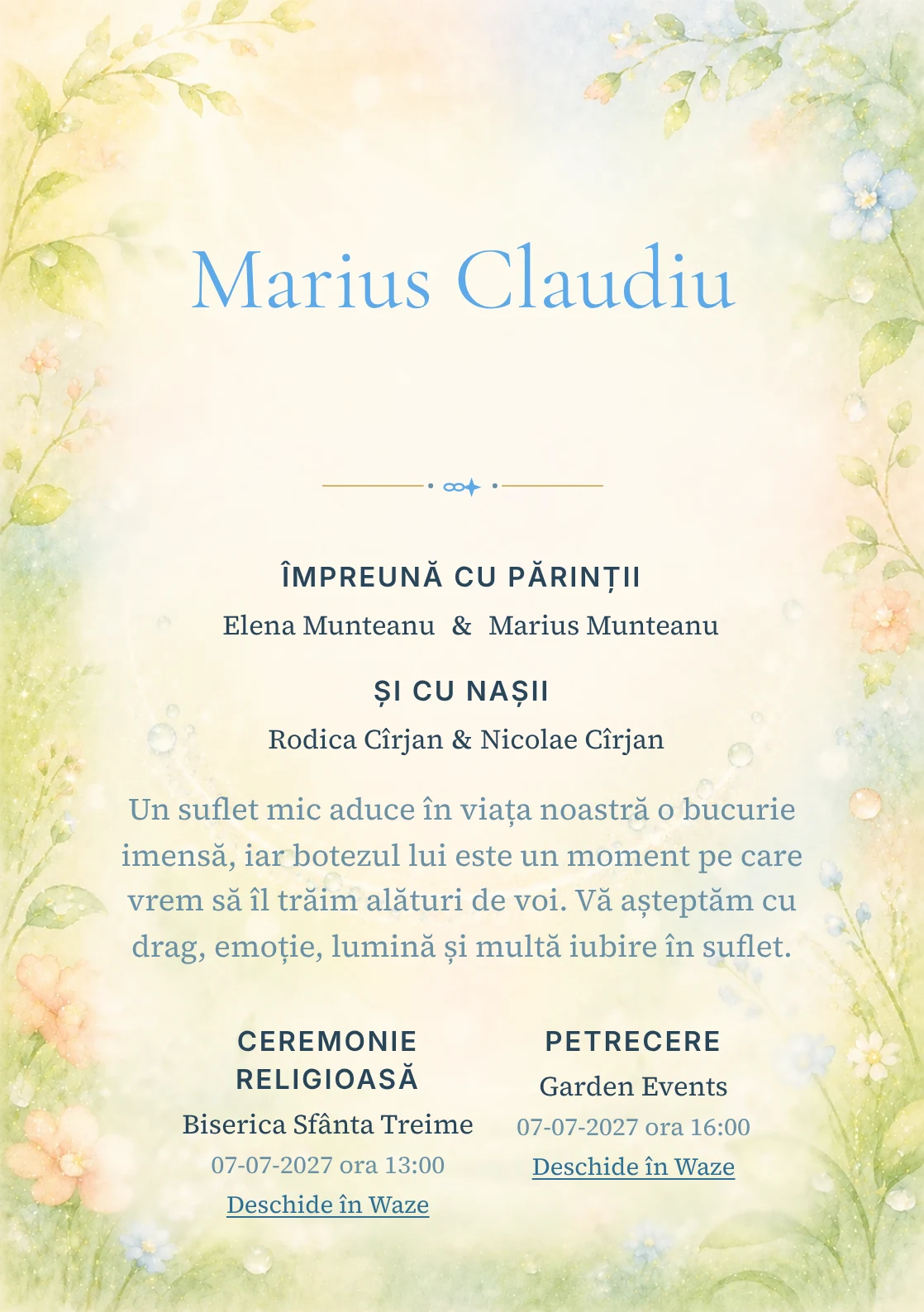 Invitație digitală de botez Zâmbet de Rouă, fundal cu arc luminos de rouă, verde lime pal, crem, piersică, bleu deschis și flori mici și centru luminos pentru text