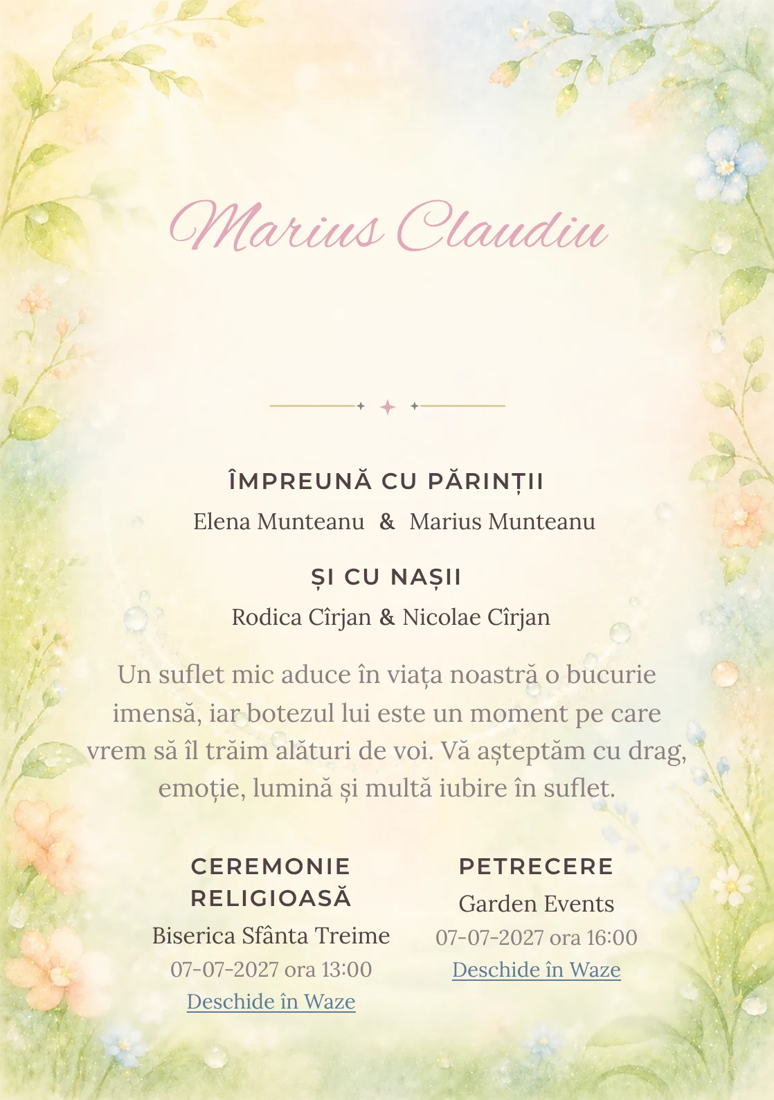 Invitație digitală de botez Zâmbet de Rouă, fundal cu arc luminos de rouă, verde lime pal, crem, piersică, bleu deschis și flori mici și centru luminos pentru text