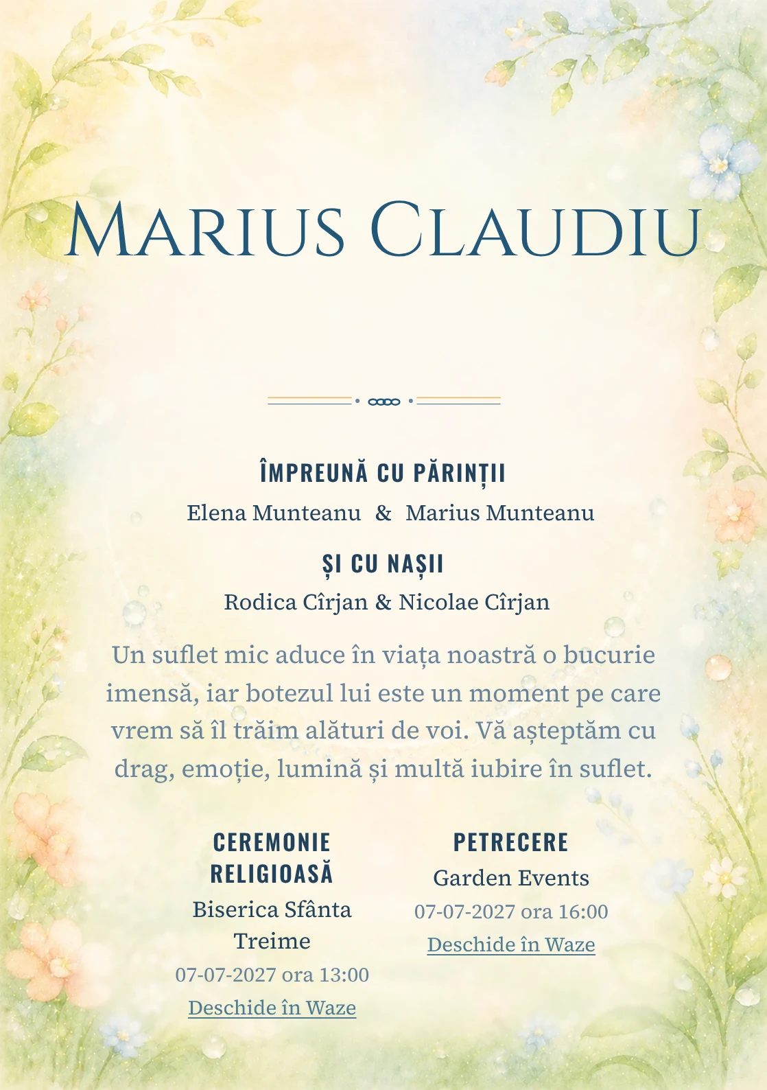 Invitație digitală de botez Zâmbet de Rouă, fundal cu arc luminos de rouă, verde lime pal, crem, piersică, bleu deschis și flori mici și centru luminos pentru text