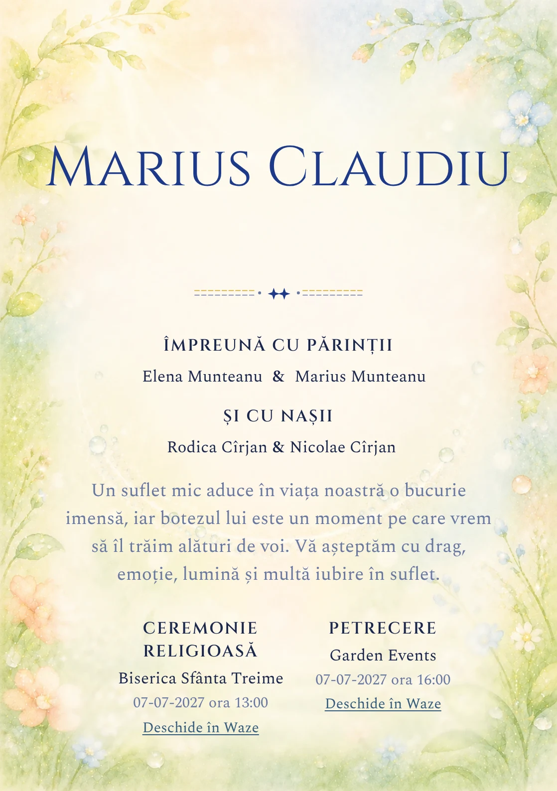 Invitație digitală de botez Zâmbet de Rouă, fundal cu arc luminos de rouă, verde lime pal, crem, piersică, bleu deschis și flori mici și centru luminos pentru text