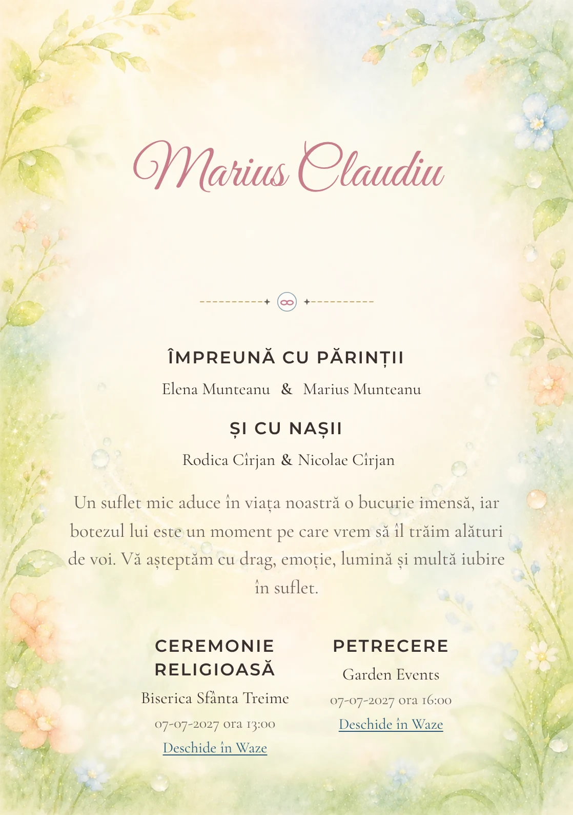 Invitație digitală de botez Zâmbet de Rouă, fundal cu arc luminos de rouă, verde lime pal, crem, piersică, bleu deschis și flori mici și centru luminos pentru text