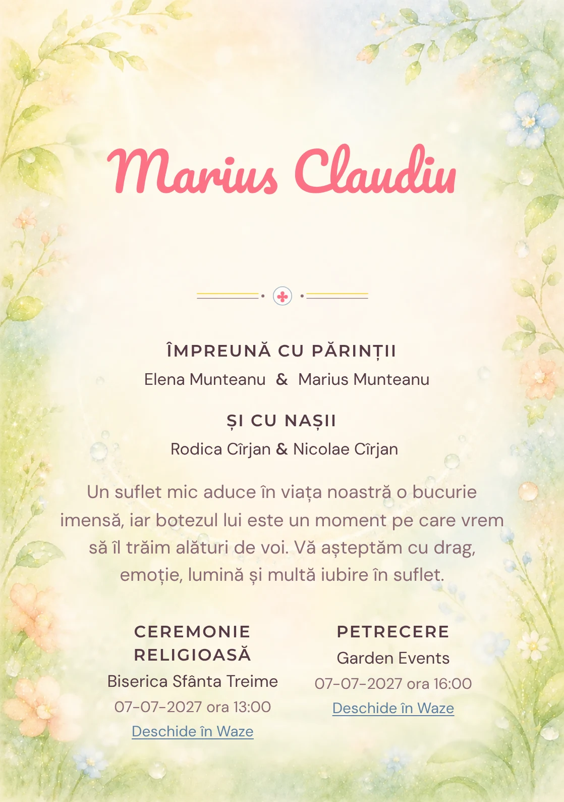 Invitație digitală de botez Zâmbet de Rouă, fundal cu arc luminos de rouă, verde lime pal, crem, piersică, bleu deschis și flori mici și centru luminos pentru text
