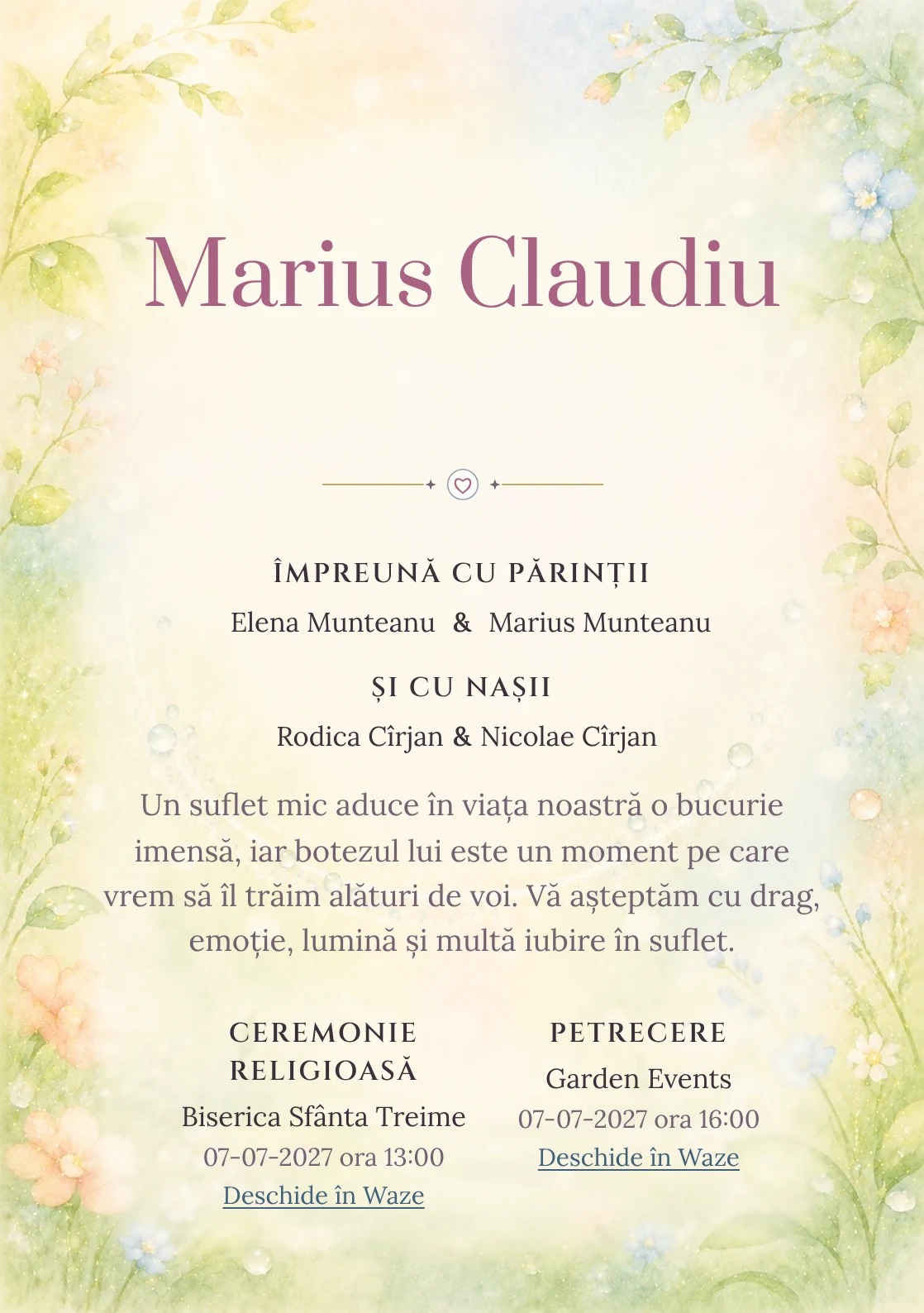 Invitație digitală de botez Zâmbet de Rouă, fundal cu arc luminos de rouă, verde lime pal, crem, piersică, bleu deschis și flori mici și centru luminos pentru text