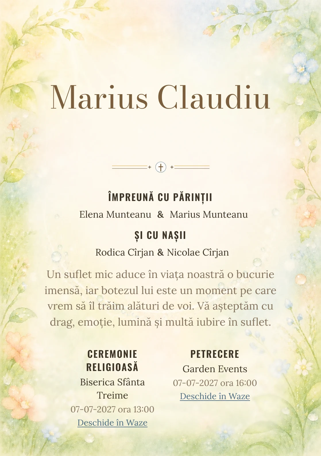 Invitație digitală de botez Zâmbet de Rouă, fundal cu arc luminos de rouă, verde lime pal, crem, piersică, bleu deschis și flori mici și centru luminos pentru text