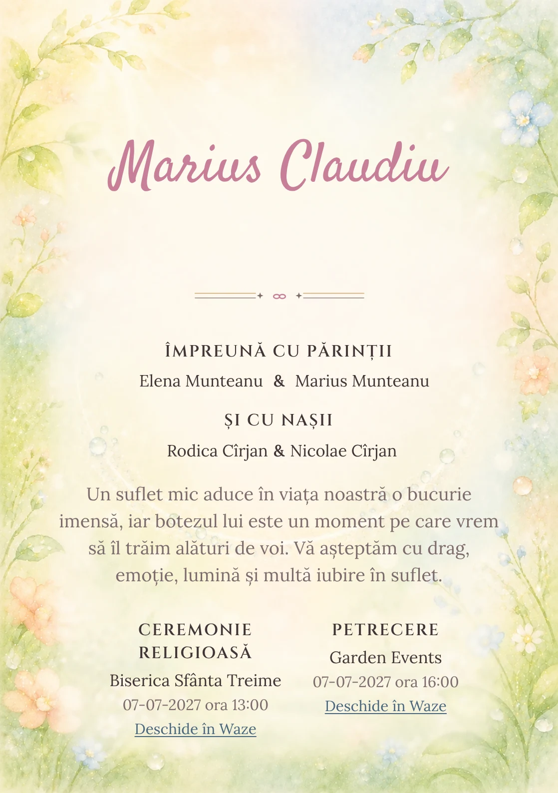 Invitație digitală de botez Zâmbet de Rouă, fundal cu arc luminos de rouă, verde lime pal, crem, piersică, bleu deschis și flori mici și centru luminos pentru text