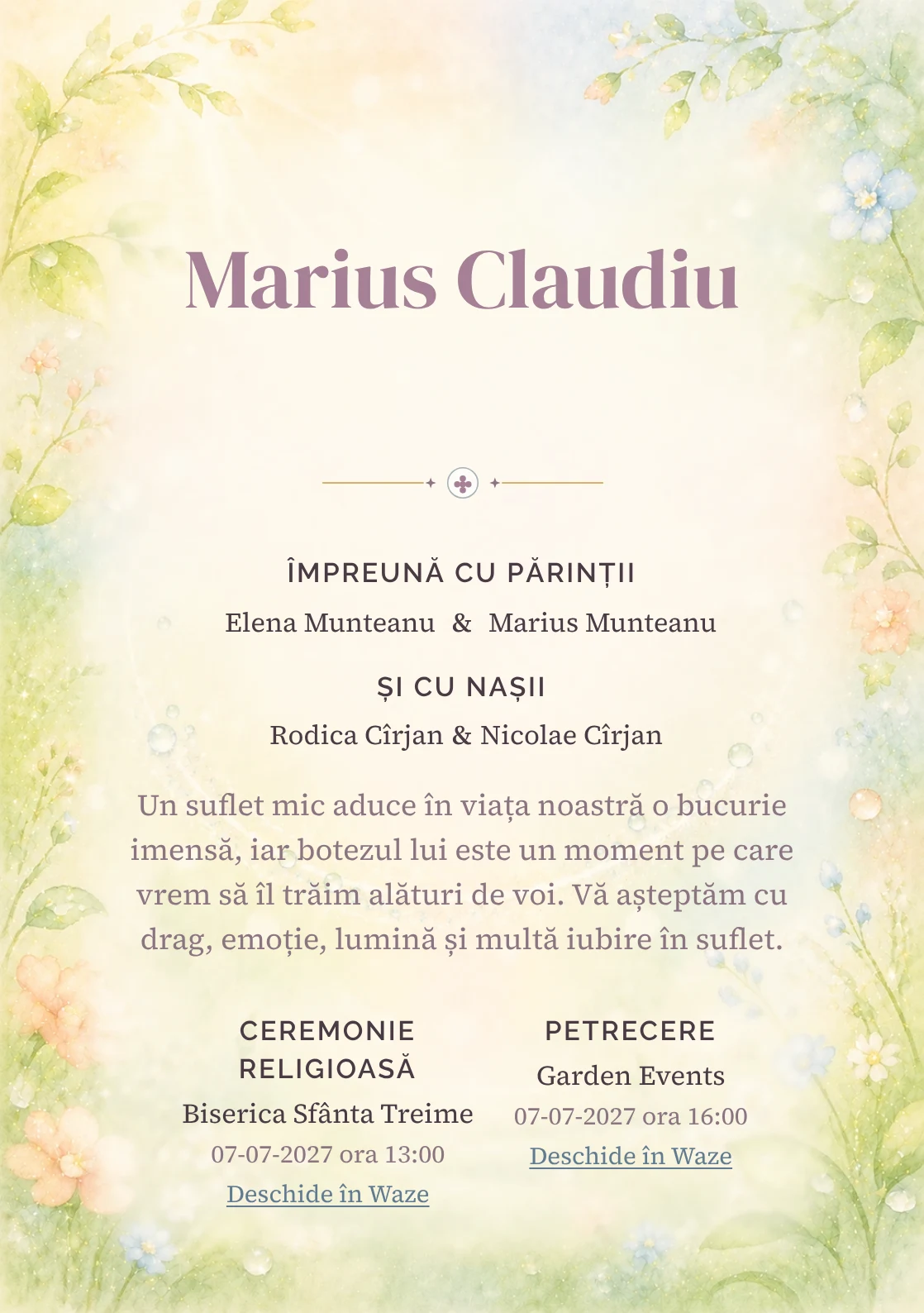 Invitație digitală de botez Zâmbet de Rouă, fundal cu arc luminos de rouă, verde lime pal, crem, piersică, bleu deschis și flori mici și centru luminos pentru text