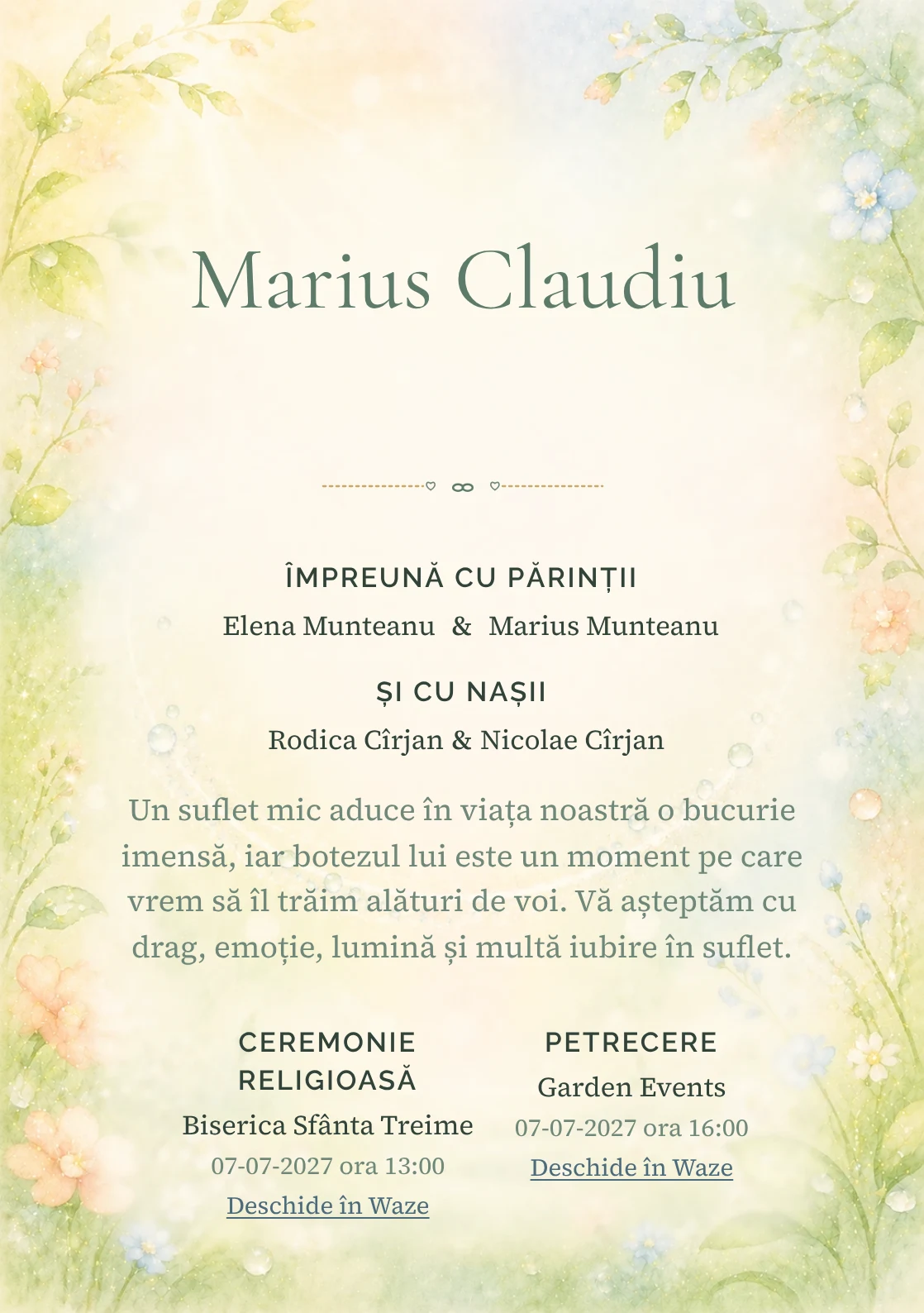 Invitație digitală de botez Zâmbet de Rouă, fundal cu arc luminos de rouă, verde lime pal, crem, piersică, bleu deschis și flori mici și centru luminos pentru text
