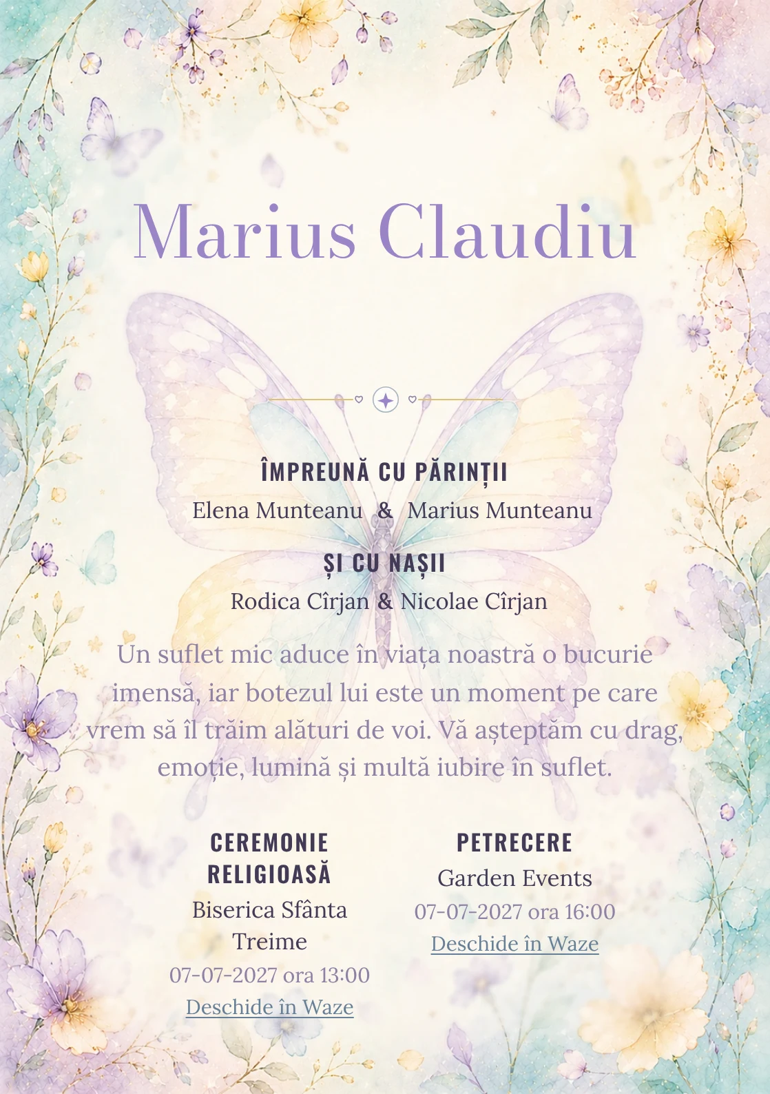 Invitație digitală de botez Zbor de Fluture, fundal cu fluture mare de acuarelă, aqua pal, lila, galben vanilie și petale rare și centru luminos pentru text