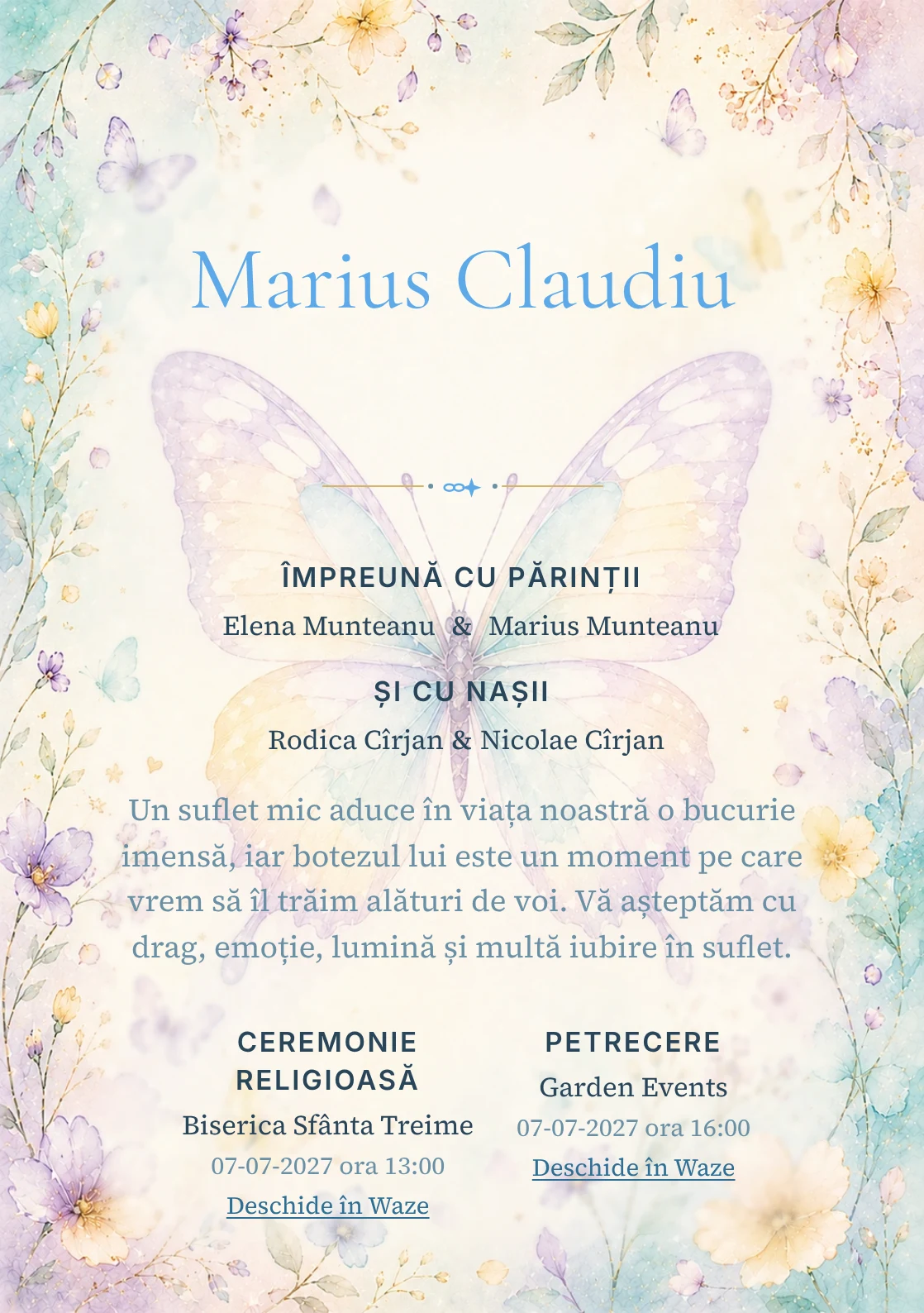 Invitație digitală de botez Zbor de Fluture, fundal cu fluture mare de acuarelă, aqua pal, lila, galben vanilie și petale rare și centru luminos pentru text