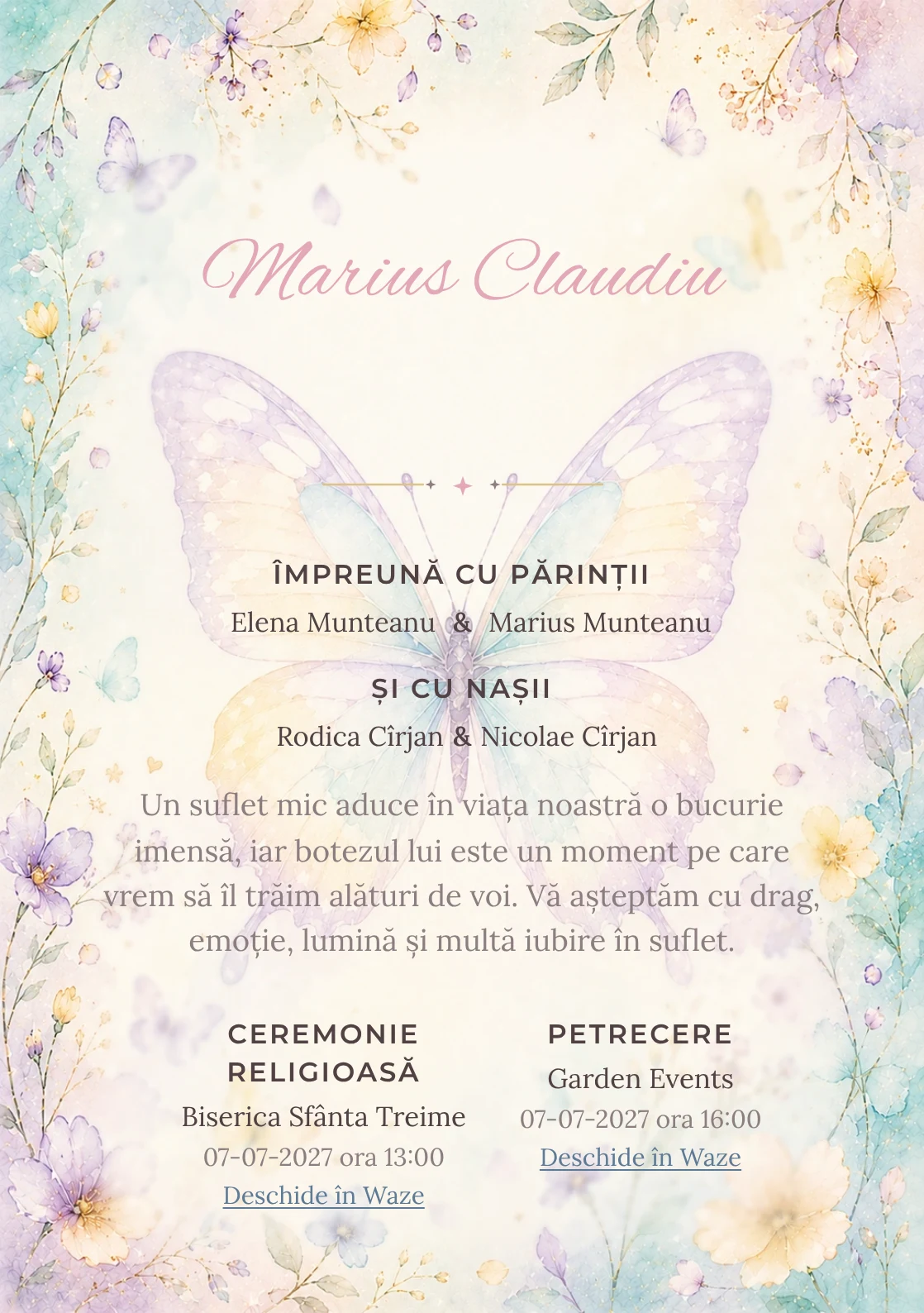 Invitație digitală de botez Zbor de Fluture, fundal cu fluture mare de acuarelă, aqua pal, lila, galben vanilie și petale rare și centru luminos pentru text