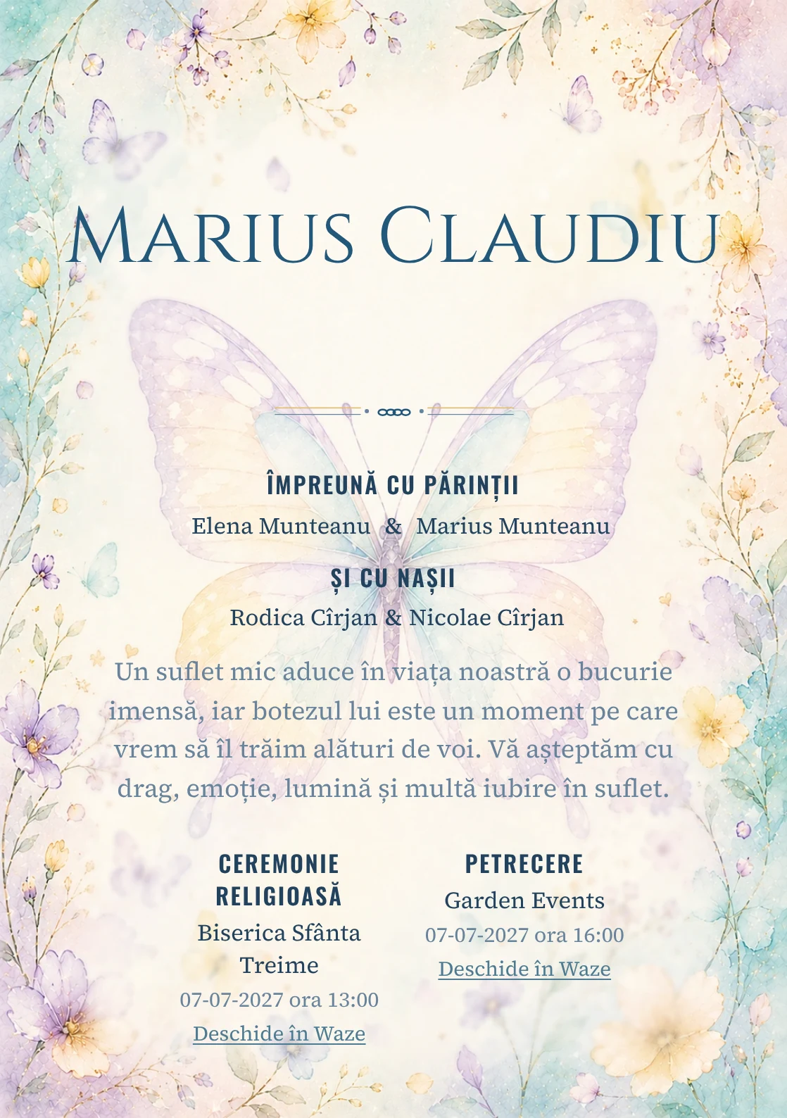 Invitație digitală de botez Zbor de Fluture, fundal cu fluture mare de acuarelă, aqua pal, lila, galben vanilie și petale rare și centru luminos pentru text