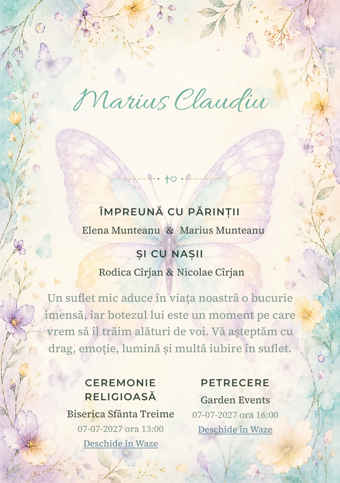 Invitație digitală de botez Zbor de Fluture, fundal cu fluture mare de acuarelă, aqua pal, lila, galben vanilie și petale rare și centru luminos pentru text