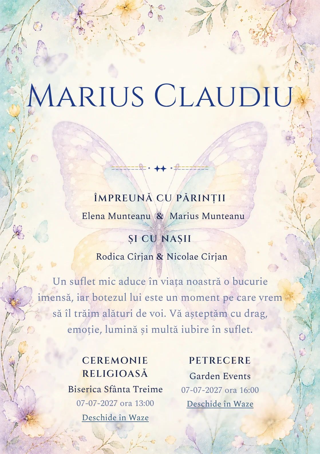 Invitație digitală de botez Zbor de Fluture, fundal cu fluture mare de acuarelă, aqua pal, lila, galben vanilie și petale rare și centru luminos pentru text