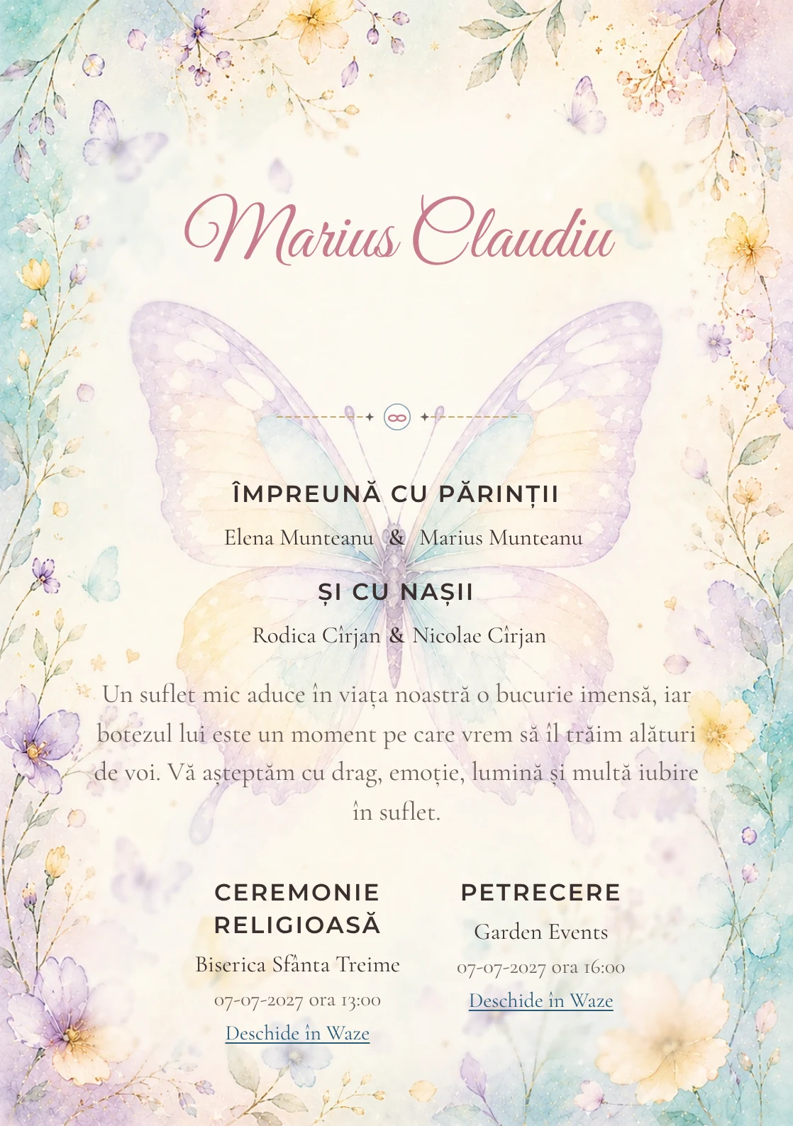 Invitație digitală de botez Zbor de Fluture, fundal cu fluture mare de acuarelă, aqua pal, lila, galben vanilie și petale rare și centru luminos pentru text