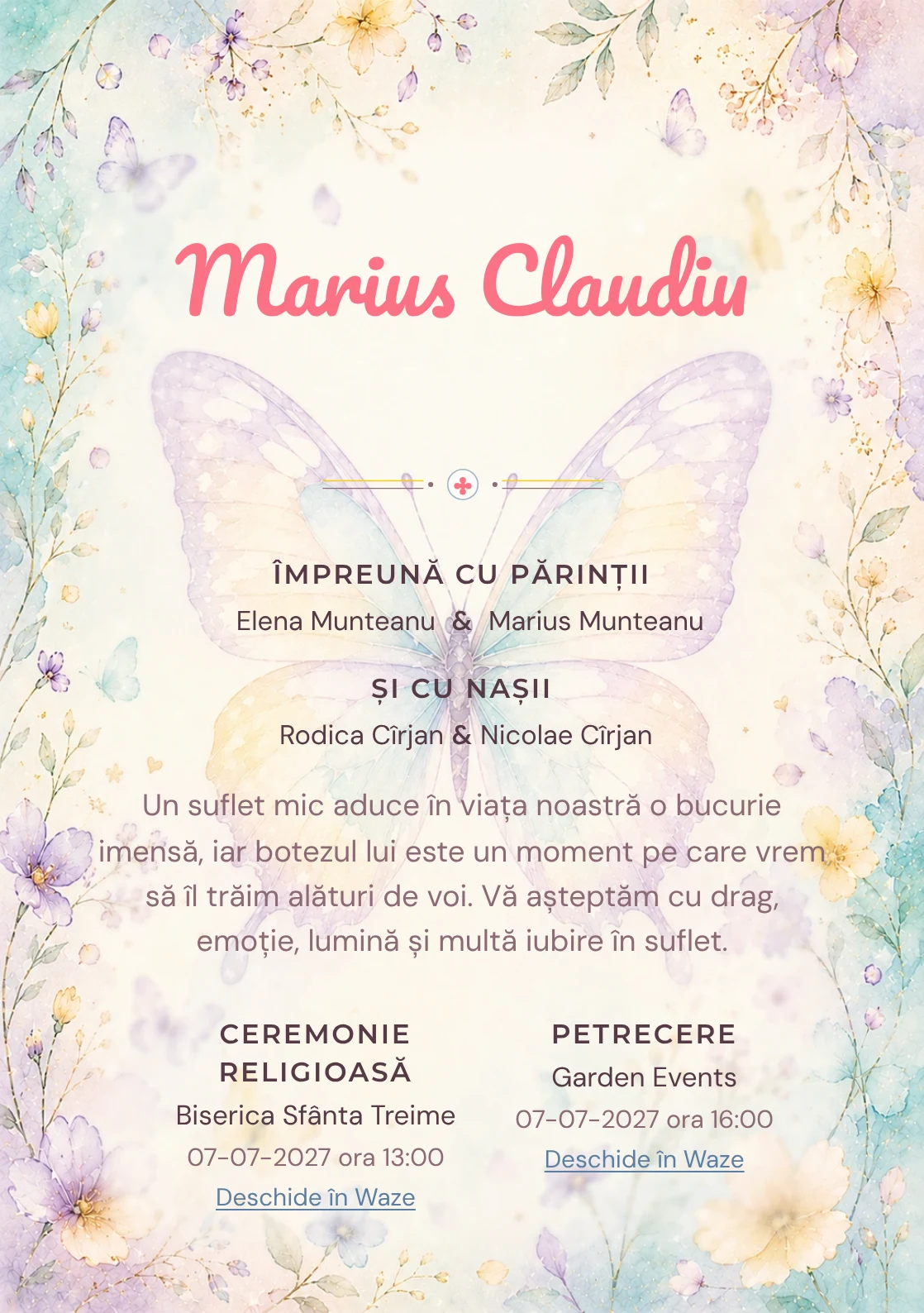 Invitație digitală de botez Zbor de Fluture, fundal cu fluture mare de acuarelă, aqua pal, lila, galben vanilie și petale rare și centru luminos pentru text