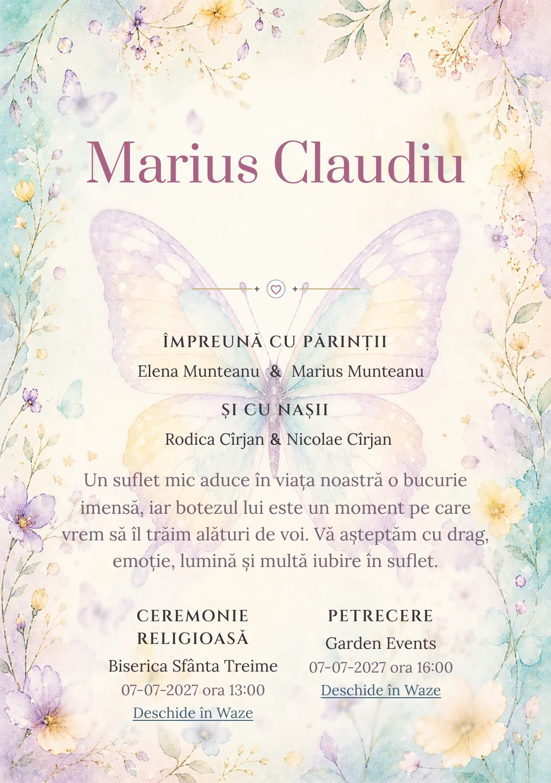 Invitație digitală de botez Zbor de Fluture, fundal cu fluture mare de acuarelă, aqua pal, lila, galben vanilie și petale rare și centru luminos pentru text