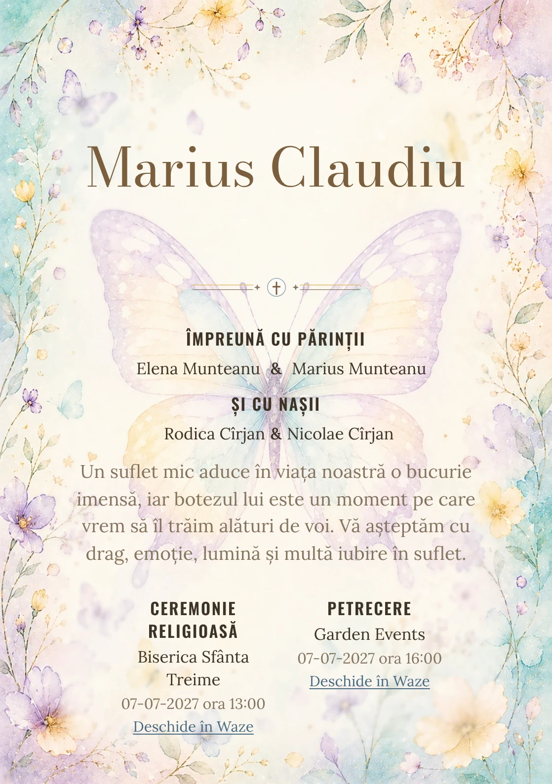 Invitație digitală de botez Zbor de Fluture, fundal cu fluture mare de acuarelă, aqua pal, lila, galben vanilie și petale rare și centru luminos pentru text