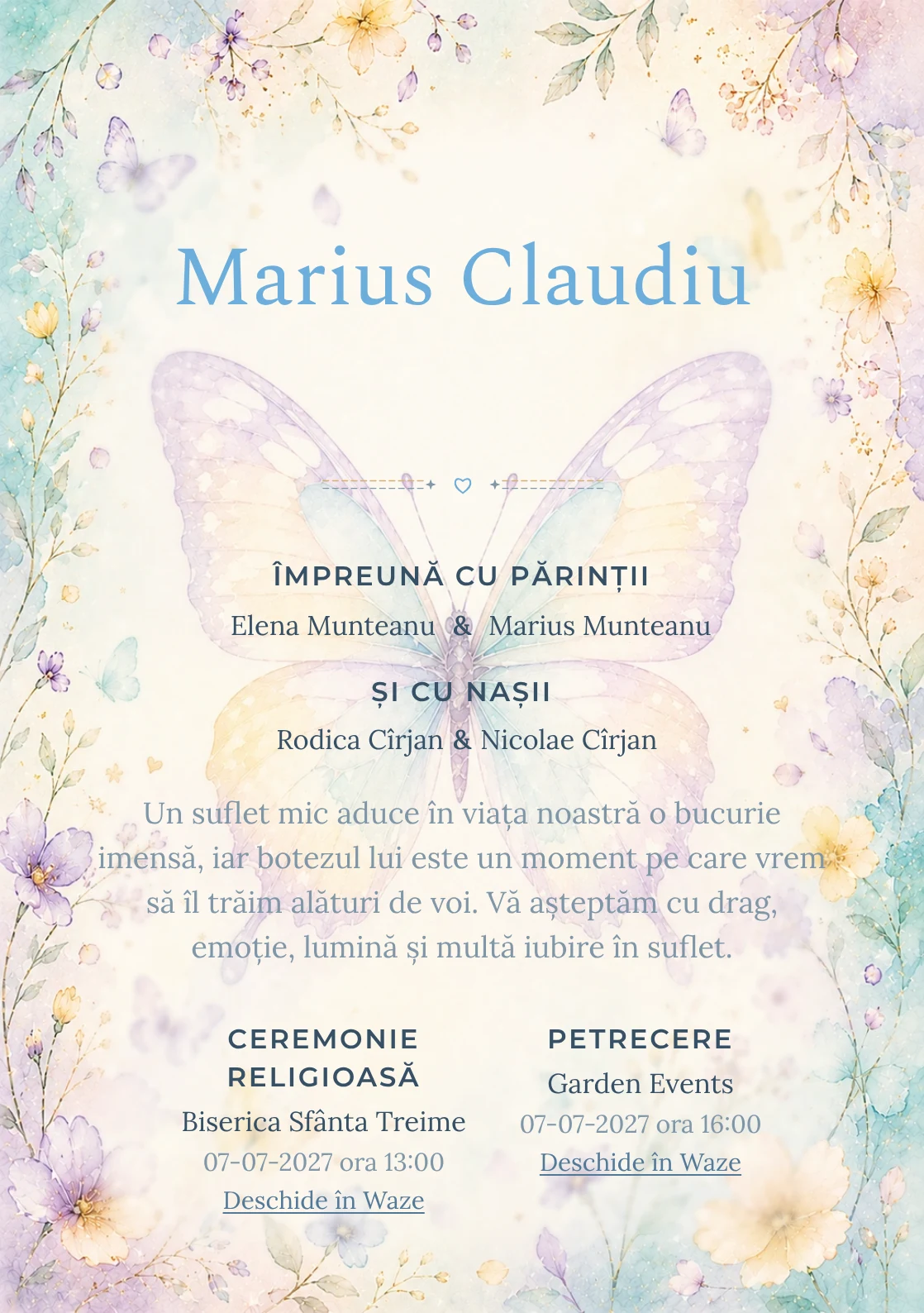 Invitație digitală de botez Zbor de Fluture, fundal cu fluture mare de acuarelă, aqua pal, lila, galben vanilie și petale rare și centru luminos pentru text