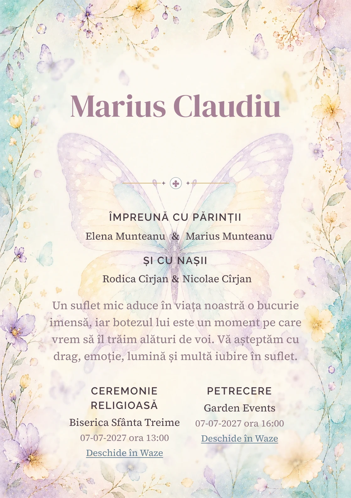Invitație digitală de botez Zbor de Fluture, fundal cu fluture mare de acuarelă, aqua pal, lila, galben vanilie și petale rare și centru luminos pentru text