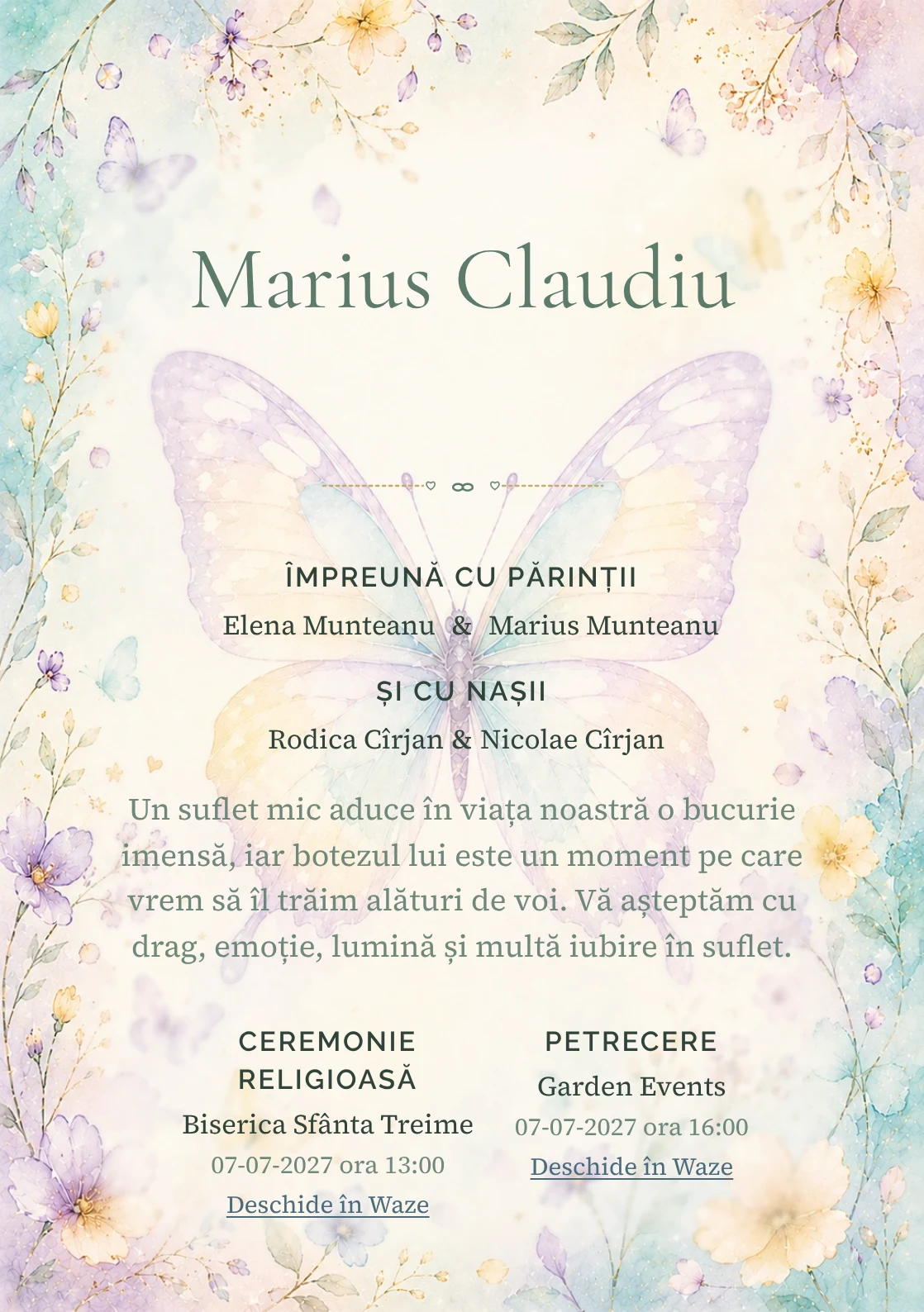 Invitație digitală de botez Zbor de Fluture, fundal cu fluture mare de acuarelă, aqua pal, lila, galben vanilie și petale rare și centru luminos pentru text