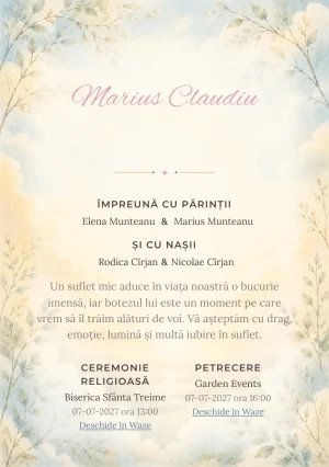Invitație digitală de botez Zori de Botez, fundal cu răsărit luminos, albastru cer, șofran pal, nori moi și ramuri subțiri și centru luminos pentru text
