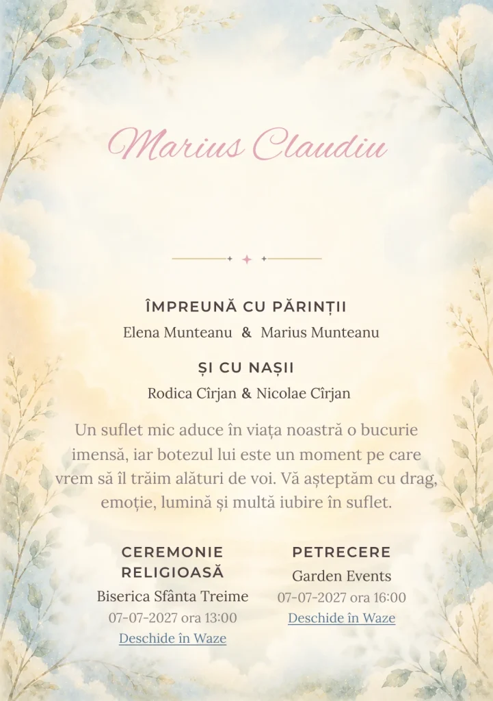 Imaginea Zori de Botez, pentru o invitație de botez, pune în valoare răsărit luminos, cu albastru cer și șofran pal.