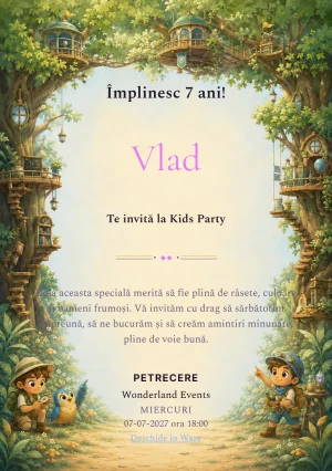 Invitație la zi de naștere Academia Aventurierilor pentru copii, cu doi copii exploratori și o creatură-pasăre inventată.