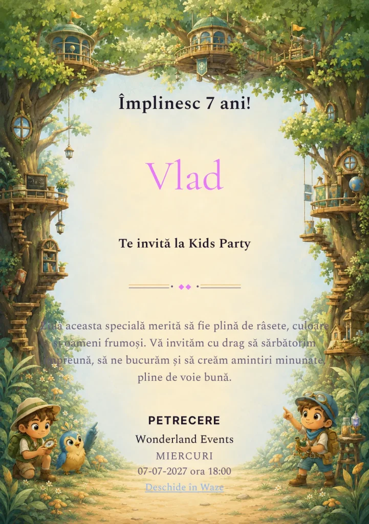 Invitație la zi de naștere Academia Aventurierilor pentru copii, cu doi copii exploratori și o creatură-pasăre inventată.