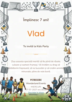 Invitație digitală Antrenament de Fotbal – Academia Juniorilor pentru ziua de naștere a copiilor, cu un teren de fotbal, jucători în antrenament, mingi, trofee și elemente tactice.