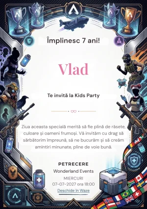 Invitație la zi de naștere Apex Legends – Arena Galactică pentru copii, cu un cadru SF cu luptători, trofee, tehnologie și elemente de arenă.