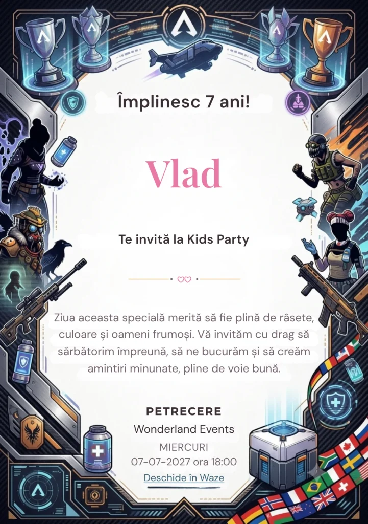 Invitație la zi de naștere Apex Legends – Arena Galactică pentru copii, cu un cadru SF cu luptători, trofee, tehnologie și elemente de arenă.