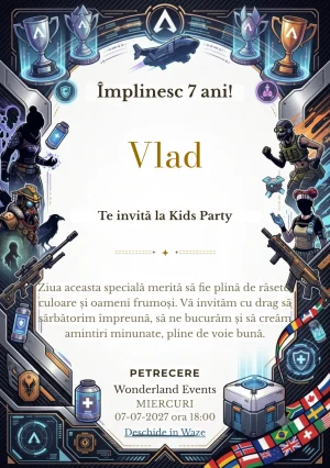Invitație la zi de naștere Apex Legends – Arena Galactică pentru copii, cu un cadru SF cu luptători, trofee, tehnologie și elemente de arenă.
