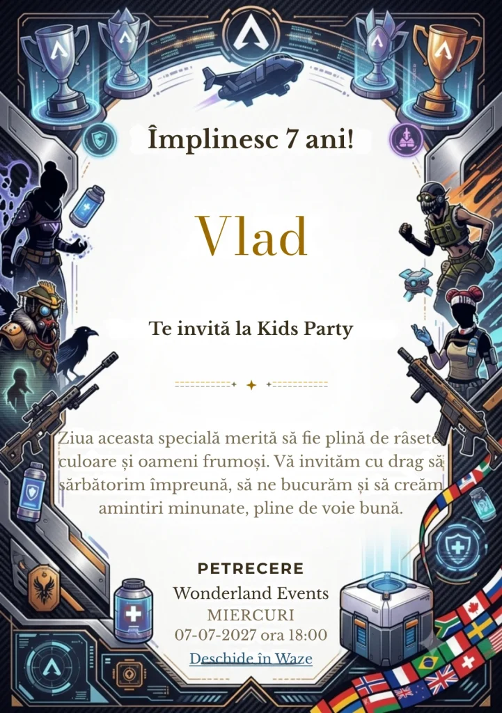 Invitație la zi de naștere Apex Legends – Arena Galactică pentru copii, cu un cadru SF cu luptători, trofee, tehnologie și elemente de arenă.