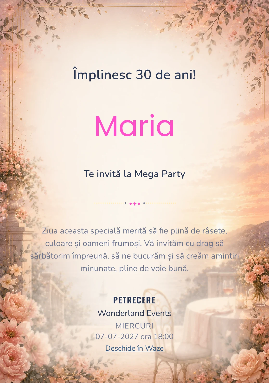 Apus Elegant – invitație aniversară pentru adulți, cu apus cald, terasă estompată și tonuri coral.