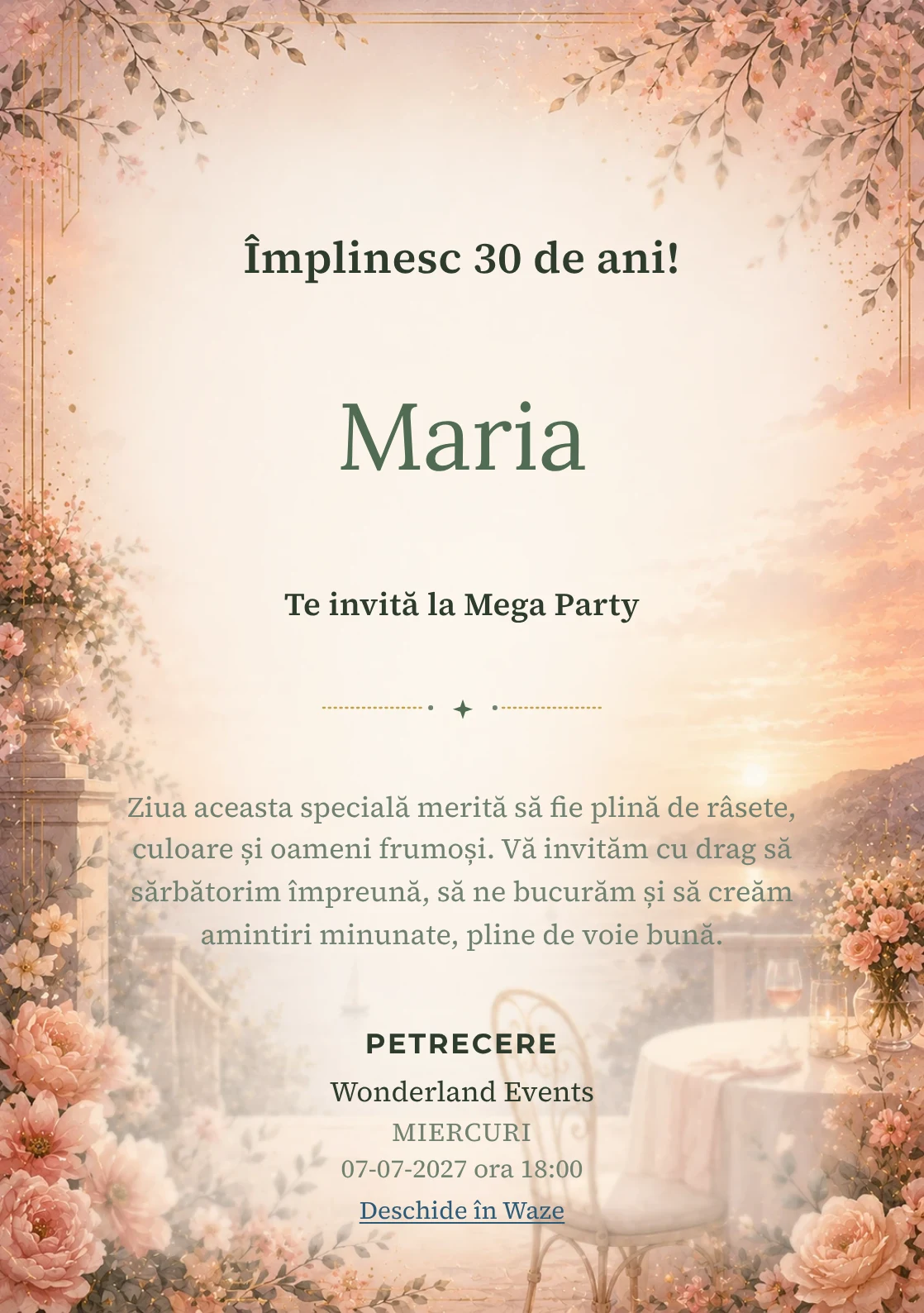 Apus Elegant – invitație aniversară pentru adulți, cu apus cald, terasă estompată și tonuri coral.