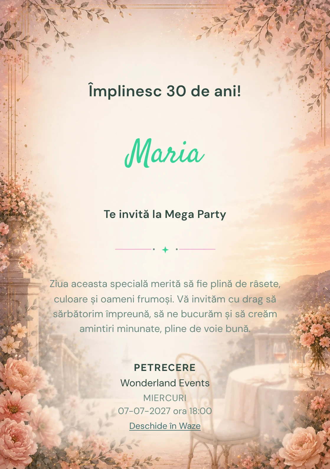 Apus Elegant – invitație aniversară pentru adulți, cu apus cald, terasă estompată și tonuri coral.