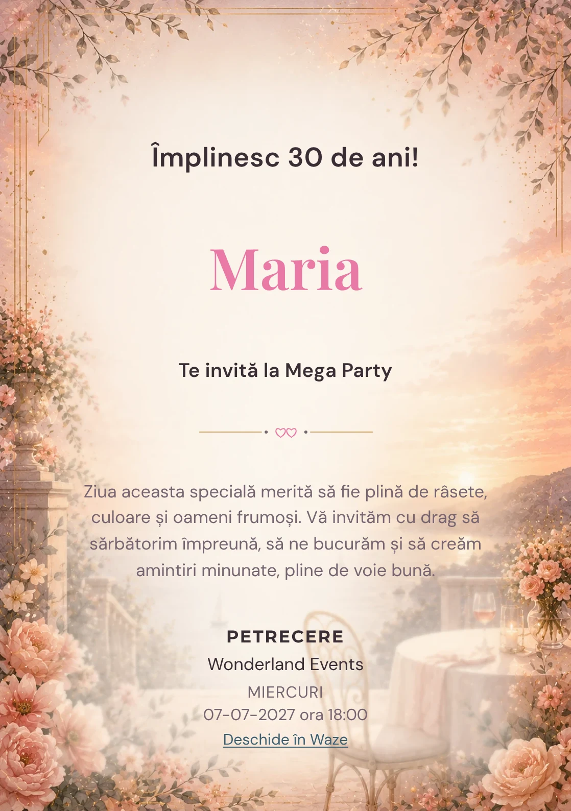 Apus Elegant – invitație aniversară pentru adulți, cu apus cald, terasă estompată și tonuri coral.
