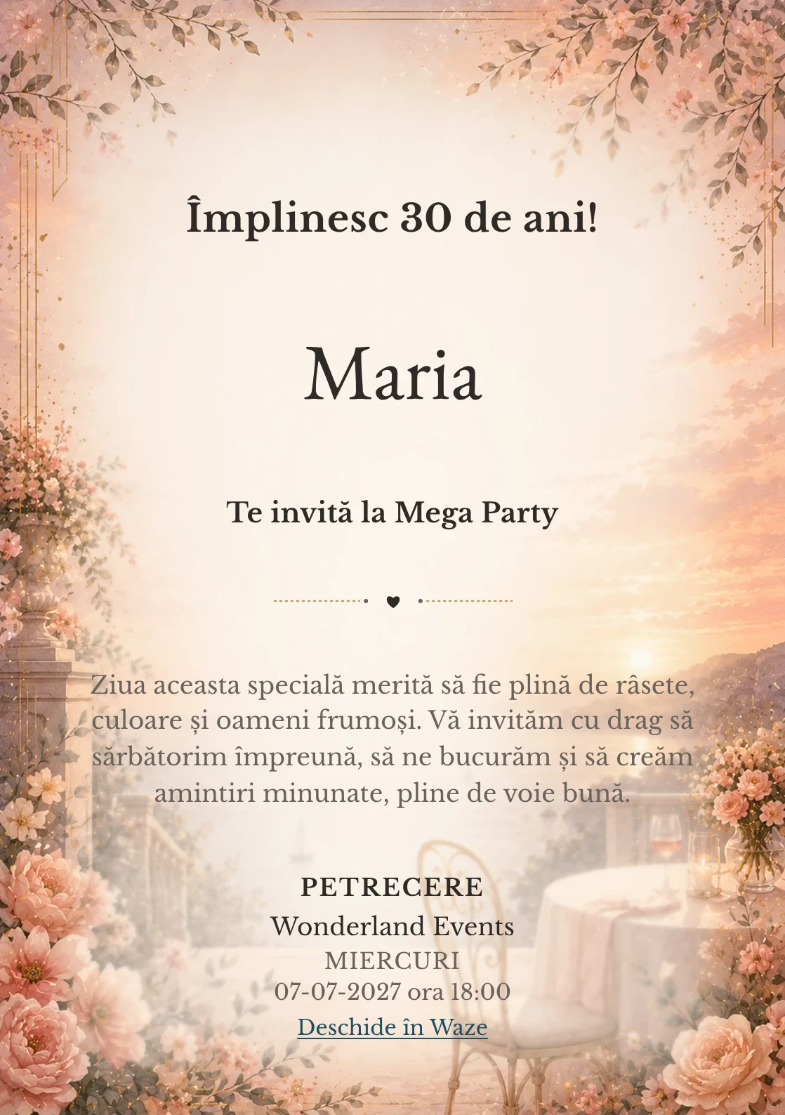Apus Elegant – invitație aniversară pentru adulți, cu apus cald, terasă estompată și tonuri coral.