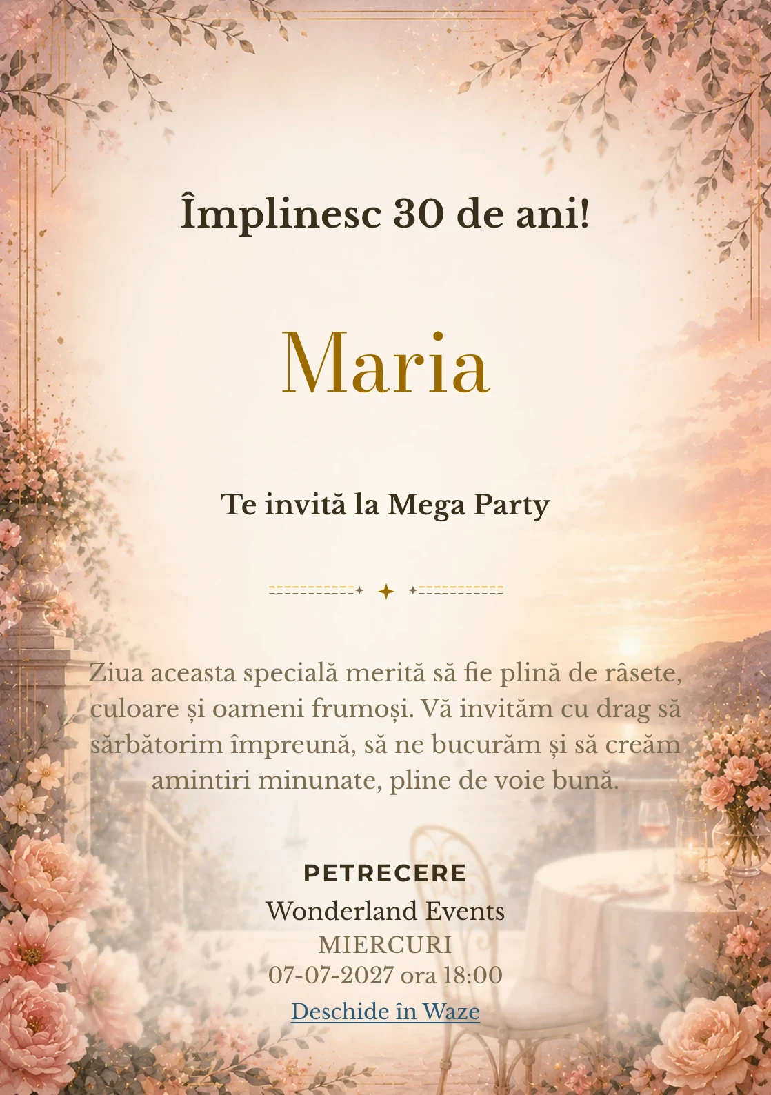 Apus Elegant – invitație aniversară pentru adulți, cu apus cald, terasă estompată și tonuri coral.