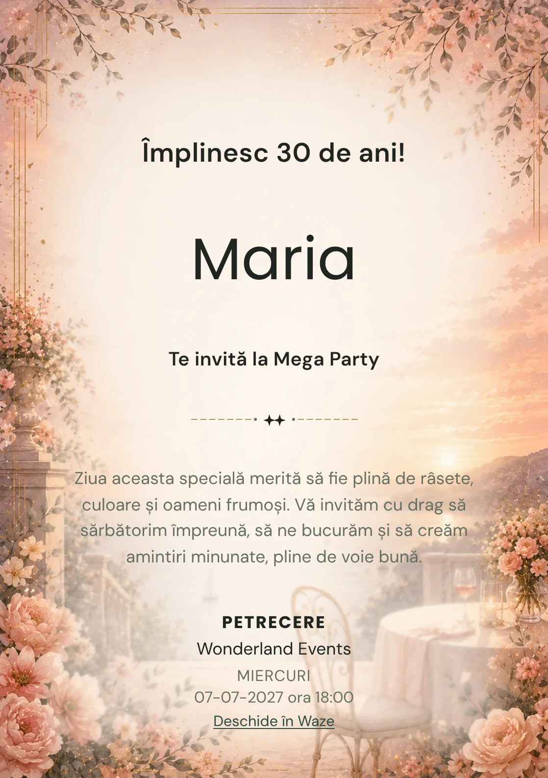 Apus Elegant – invitație aniversară pentru adulți, cu apus cald, terasă estompată și tonuri coral.