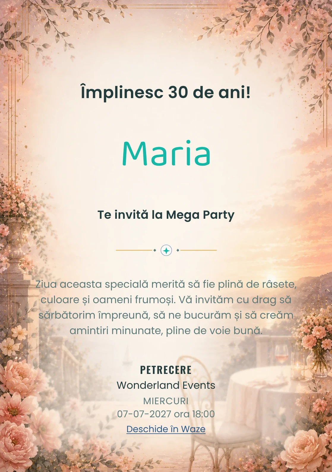 Apus Elegant – invitație aniversară pentru adulți, cu apus cald, terasă estompată și tonuri coral.