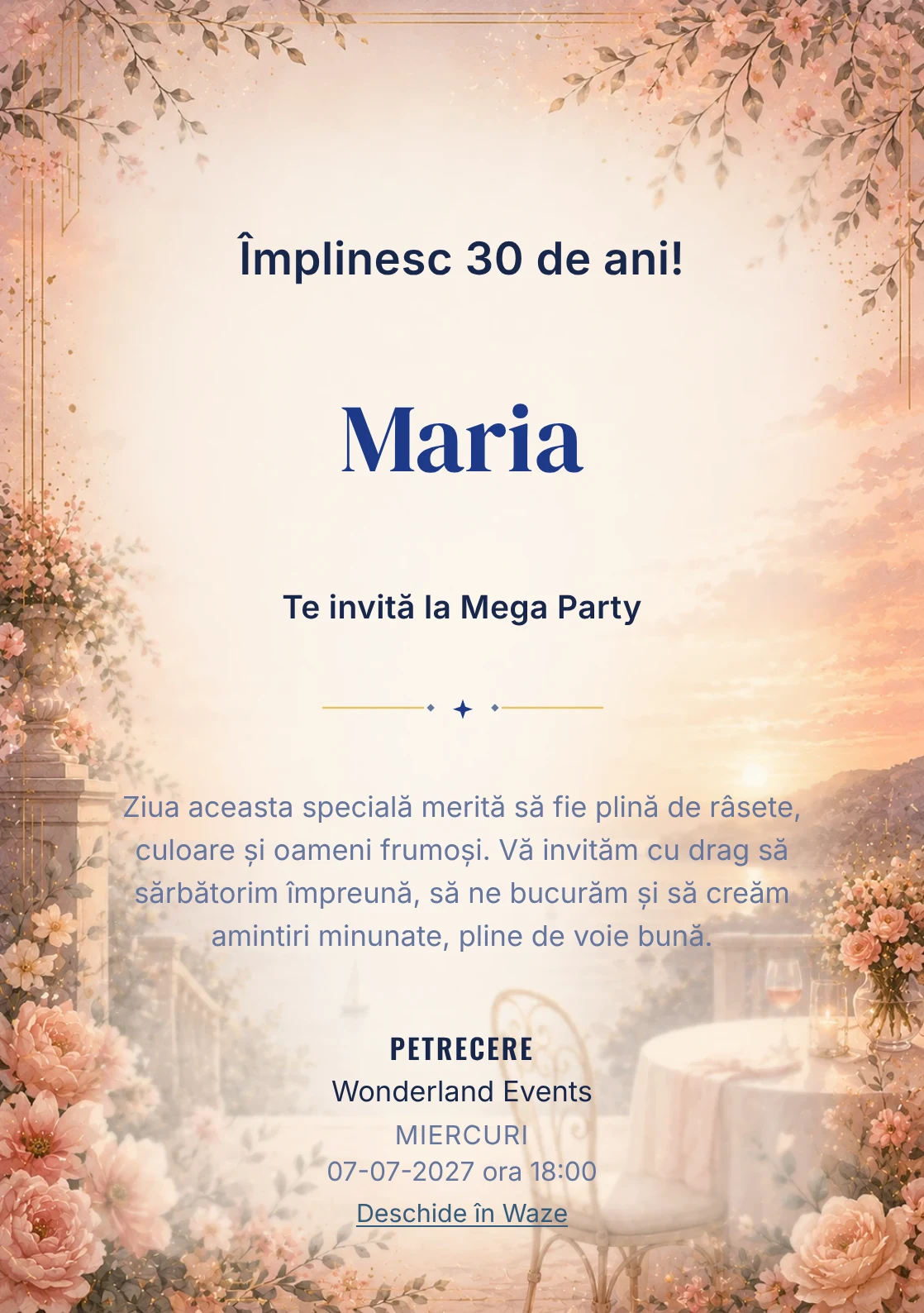 Apus Elegant – invitație aniversară pentru adulți, cu apus cald, terasă estompată și tonuri coral.
