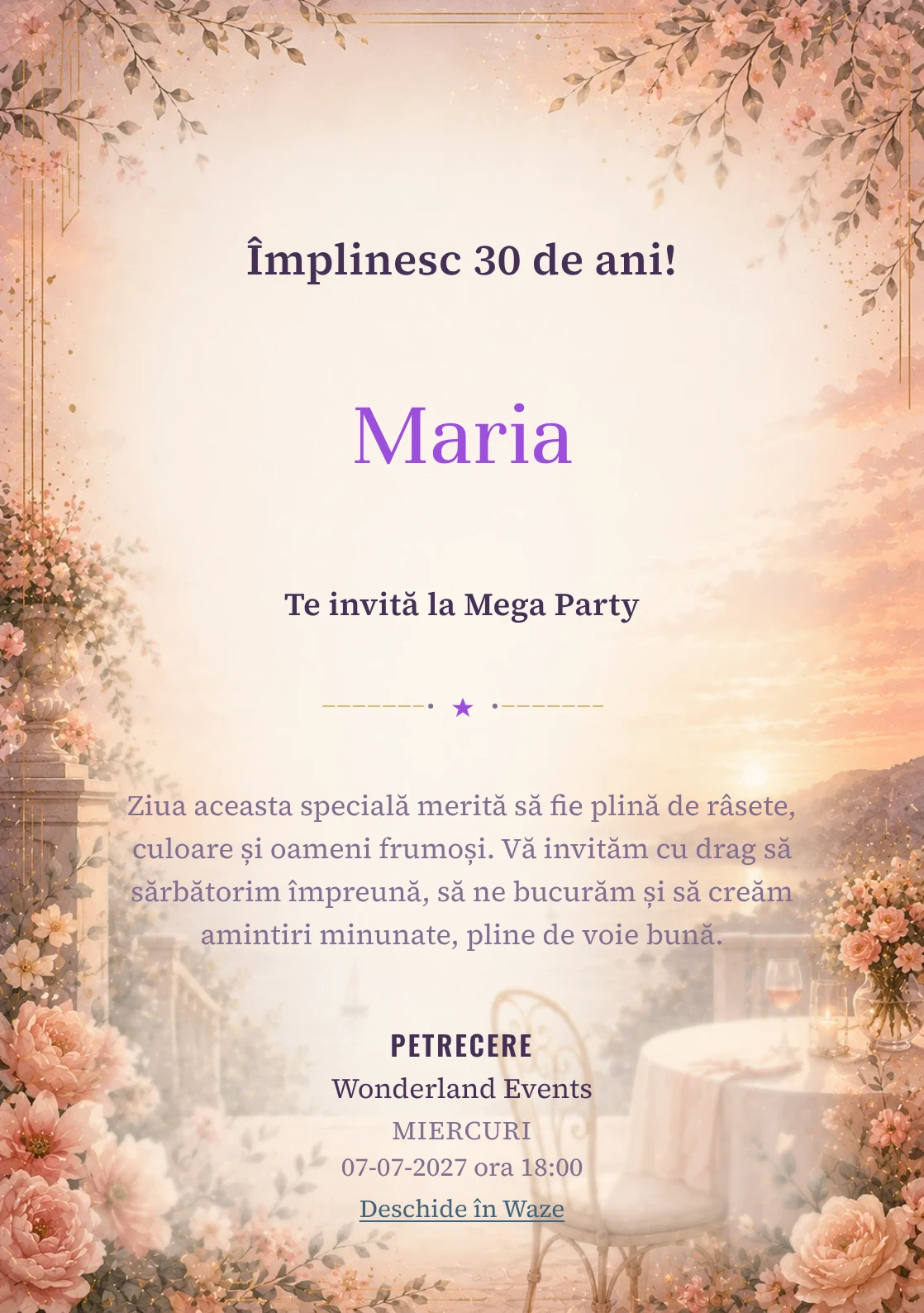 Apus Elegant – invitație aniversară pentru adulți, cu apus cald, terasă estompată și tonuri coral.