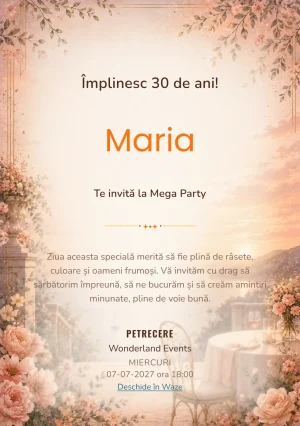 Apus Elegant – invitație aniversară pentru adulți, cu apus cald, terasă estompată și tonuri coral.