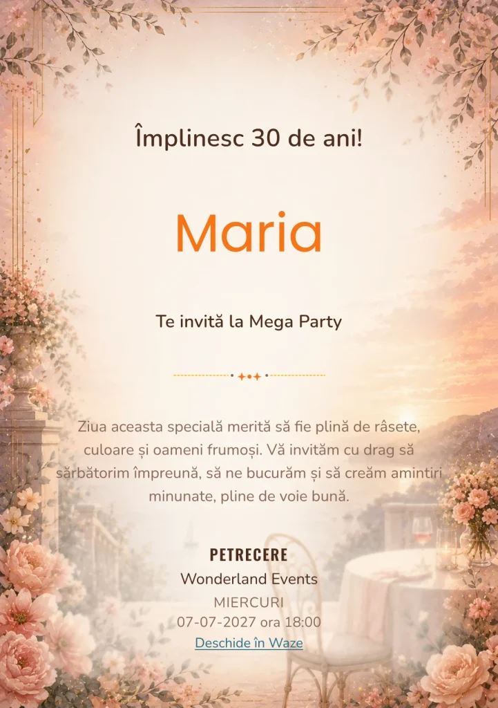 Apus Elegant – invitație aniversară pentru adulți, cu apus cald, terasă estompată și tonuri coral.