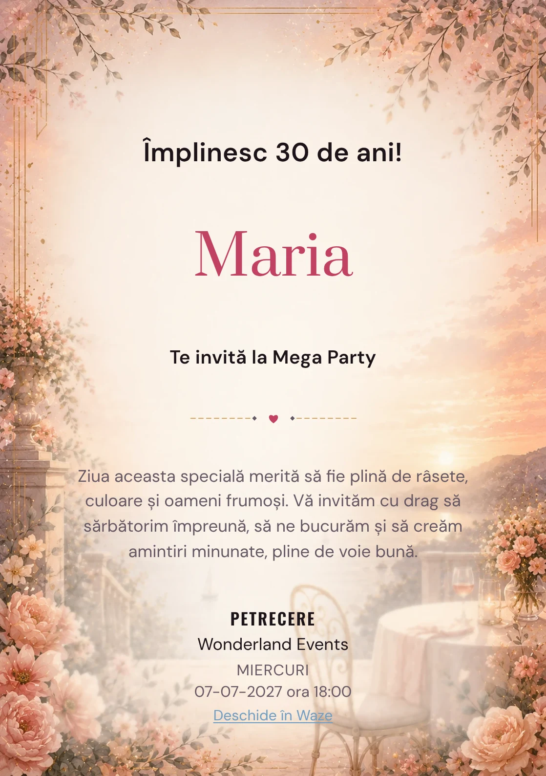 Apus Elegant – invitație aniversară pentru adulți, cu apus cald, terasă estompată și tonuri coral.
